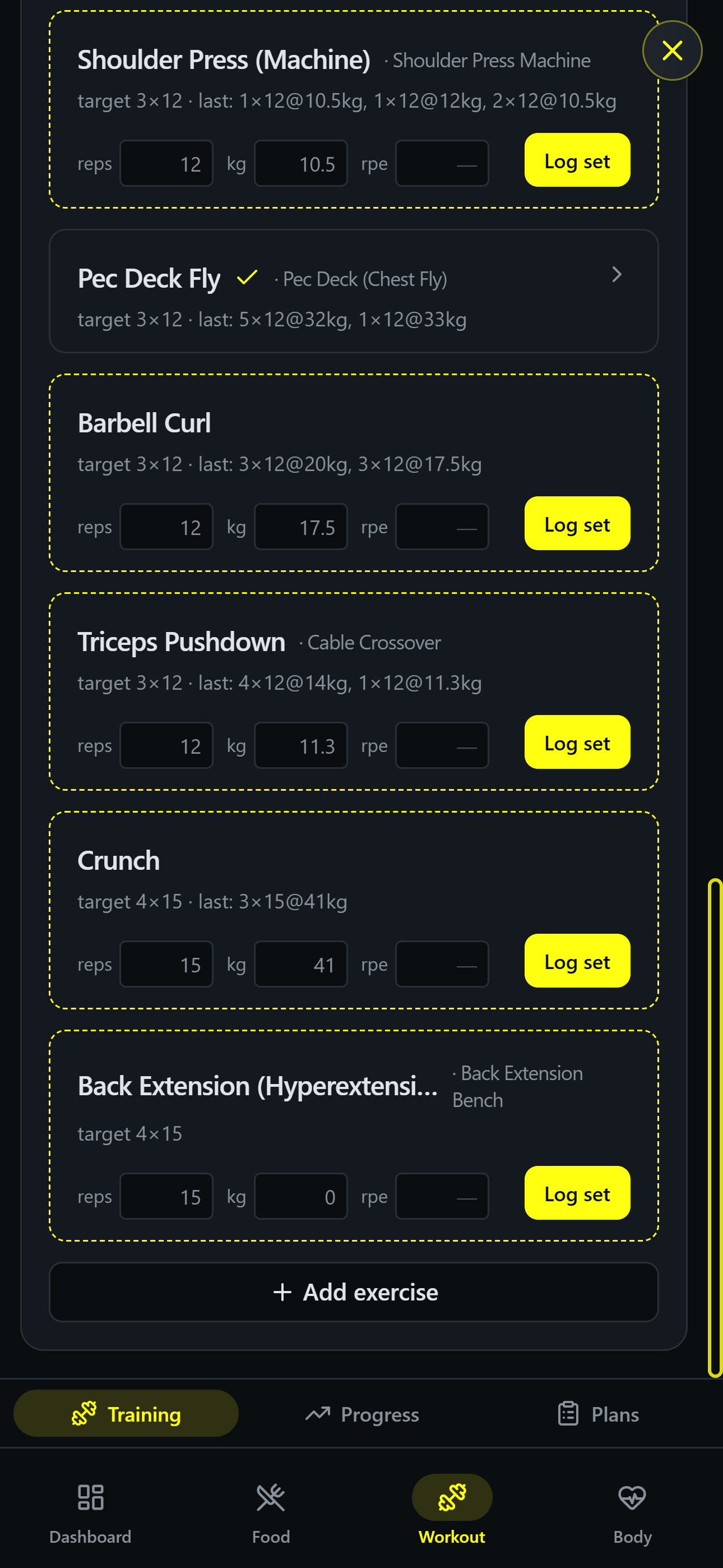Workout — logging sets per exercise with targets and last-time history