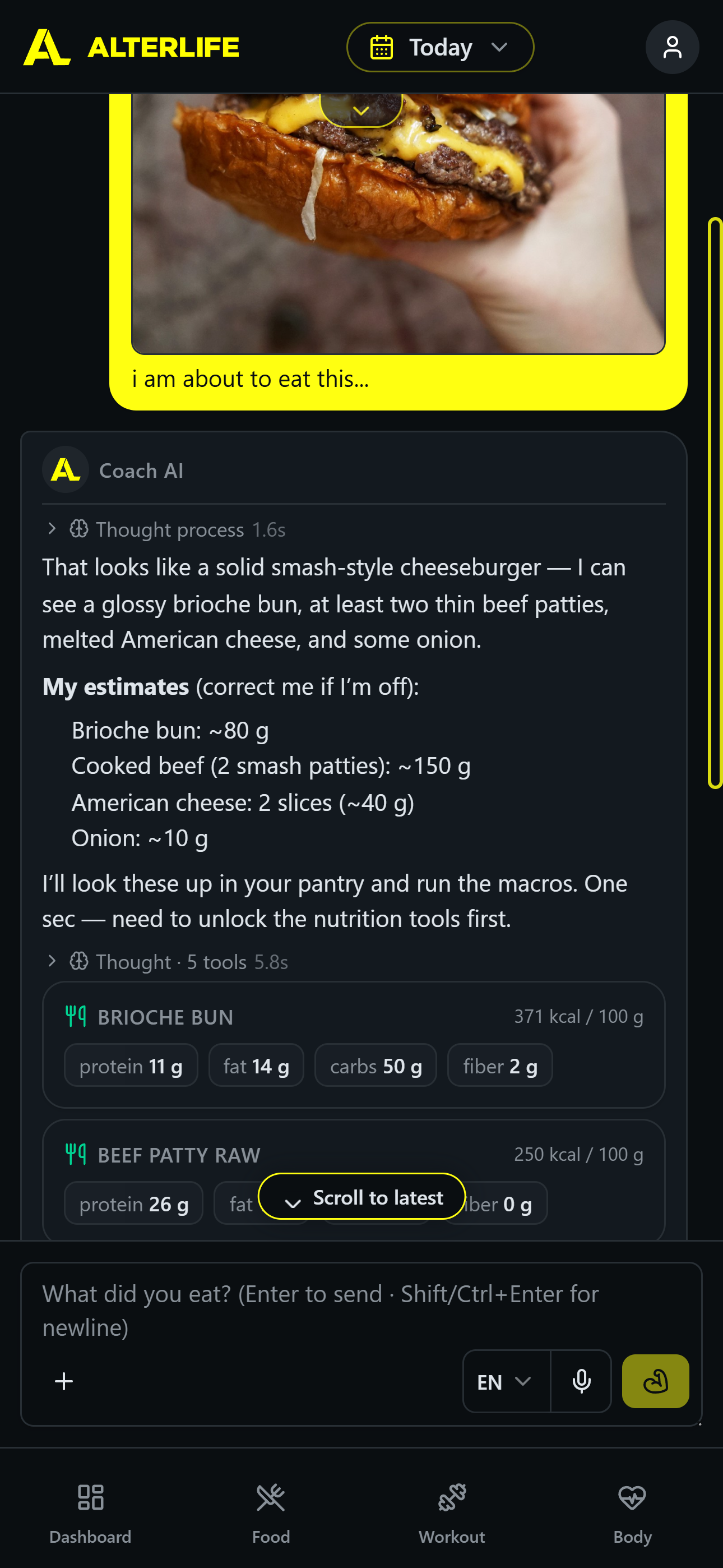 AI chat — snap a photo of a meal and the assistant estimates and logs the macros