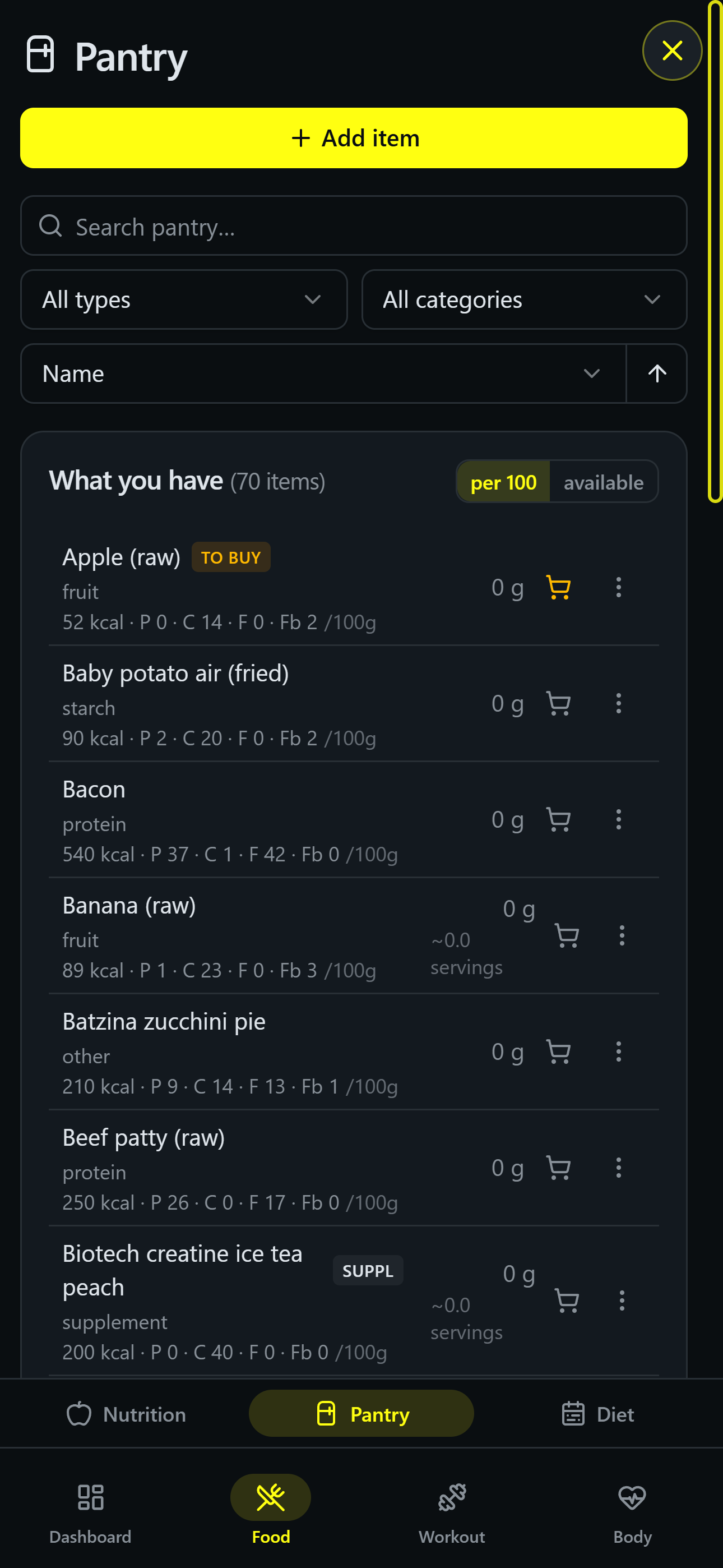 Pantry — what you have, searchable with per-100g macros