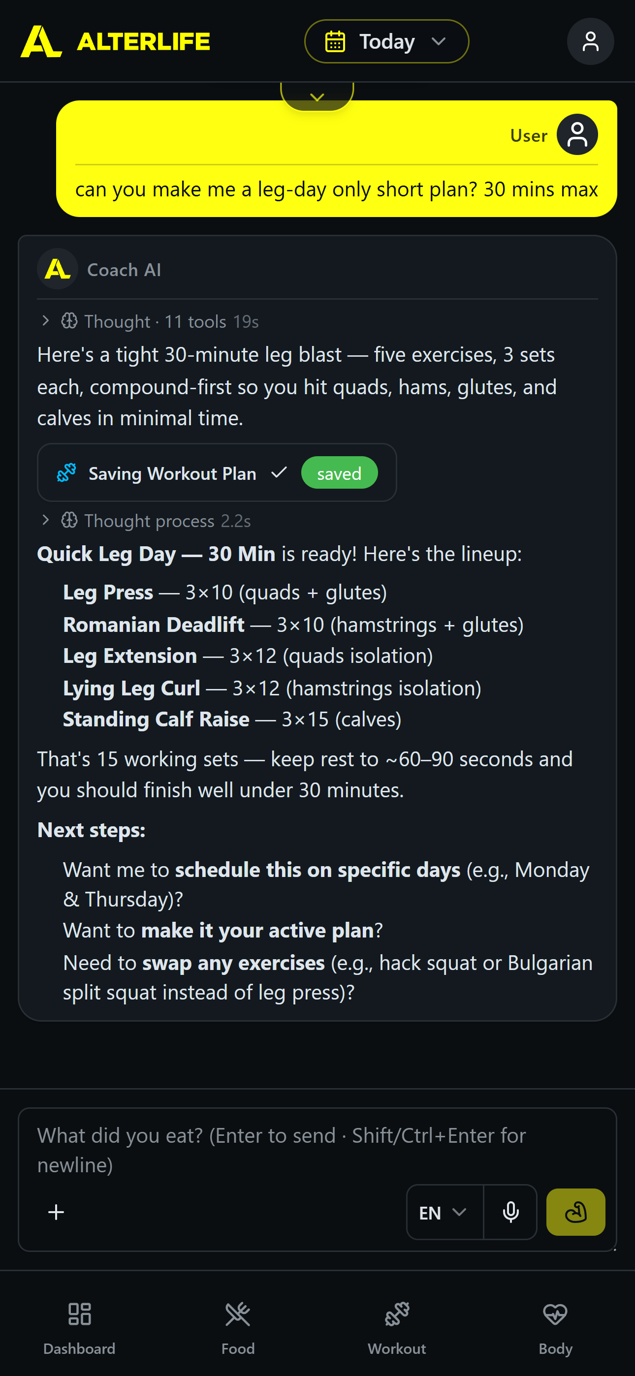AI chat — ask for a workout plan and the assistant builds and saves it for logging