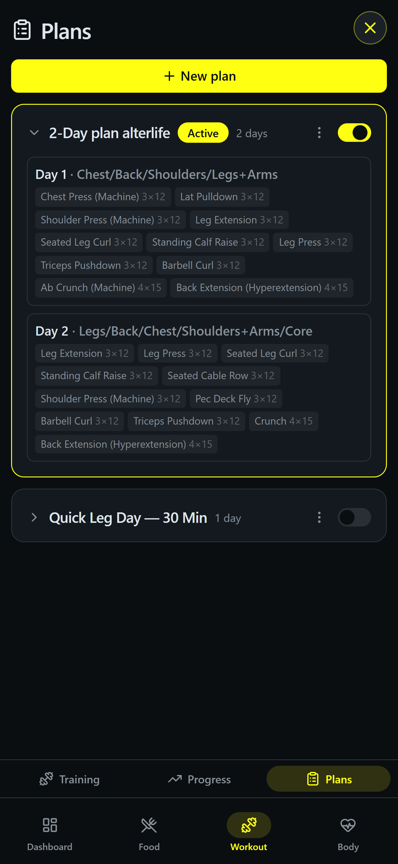 Plans — multi-day workout plan, active and editable